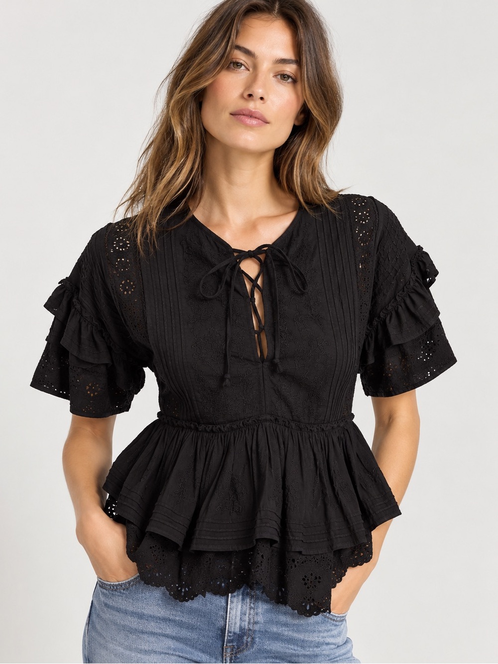 NWT The Kooples Black Embroidered Eyelet Ruffle Peplum Lace Up Top XS Cotton